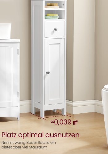 VASAGLE BBC765W01 h�j smal badev�relsesskab, m. 2 l�ger, 2 hylder, 4 �bne rum, 1 skuffe - hvid MDF (H:180)