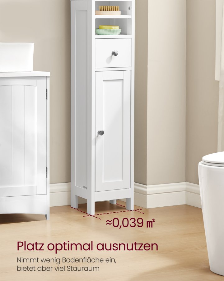 VASAGLE H�jt badev�relsesskab, Slankt badev�relsesopbevaringsskab, Fritst�ende smal opbevaringsenhed med justerbare hylder, Skuffe, �bne rum, Til Sm� Rum, Moderne, Cloud White BBC765W01