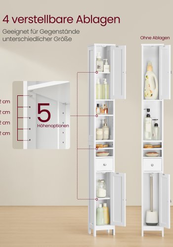 VASAGLE H�jt badev�relsesskab, Slankt badev�relsesopbevaringsskab, Fritst�ende smal opbevaringsenhed med justerbare hylder, Skuffe, �bne rum, Til Sm� Rum, Moderne, Cloud White BBC765W01