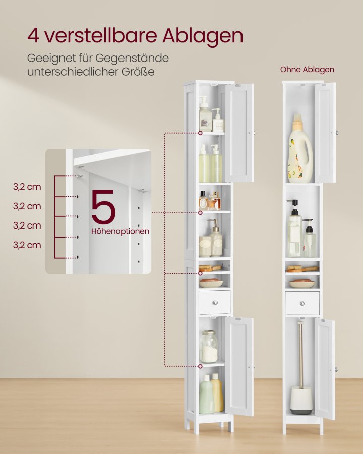 VASAGLE H�jt badev�relsesskab, Slankt badev�relsesopbevaringsskab, Fritst�ende smal opbevaringsenhed med justerbare hylder, Skuffe, �bne rum, Til Sm� Rum, Moderne, Cloud White BBC765W01