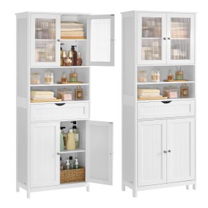 VASAGLE Opbevaringsskab, Fritst�ende badev�relsesopbevaringsm�bel med justerbare hylder, skuffe, �bne rum, til badev�relse, stue, k�kken, Cloud White UBBC768W01