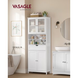 VASAGLE F�rvaringssk�p, Frist�ende Badrumsf�rvaringsm�bel med Justerbara Hyllor, L�da, �ppna Fack, F�r Badrum, Vardagsrum, K�k, Molnvit UBBC768W01
