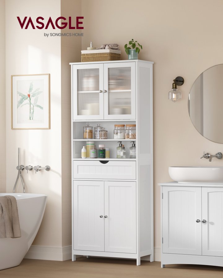 VASAGLE Opbevaringsskab, Fritst�ende badev�relsesopbevaringsm�bel med justerbare hylder, skuffe, �bne rum, til badev�relse, stue, k�kken, Cloud White UBBC768W01