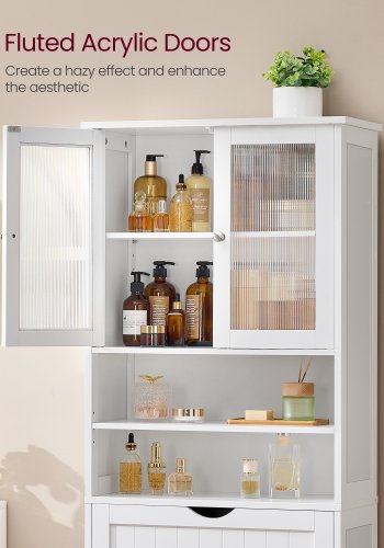 VASAGLE Opbevaringsskab, Fritst�ende badev�relsesopbevaringsm�bel med justerbare hylder, skuffe, �bne rum, til badev�relse, stue, k�kken, Cloud White UBBC768W01