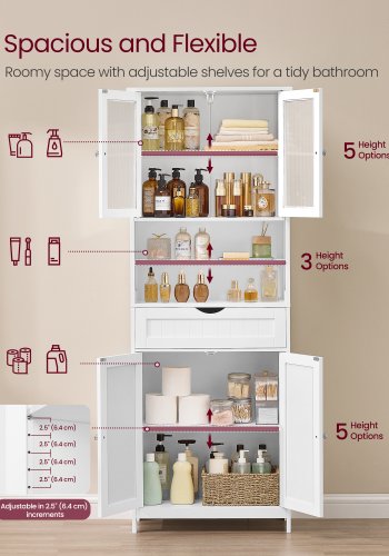 VASAGLE Opbevaringsskab, Fritst�ende badev�relsesopbevaringsm�bel med justerbare hylder, skuffe, �bne rum, til badev�relse, stue, k�kken, Cloud White UBBC768W01