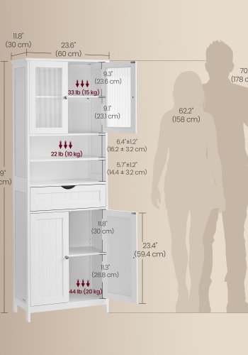 VASAGLE Opbevaringsskab, Fritst�ende badev�relsesopbevaringsm�bel med justerbare hylder, skuffe, �bne rum, til badev�relse, stue, k�kken, Cloud White UBBC768W01
