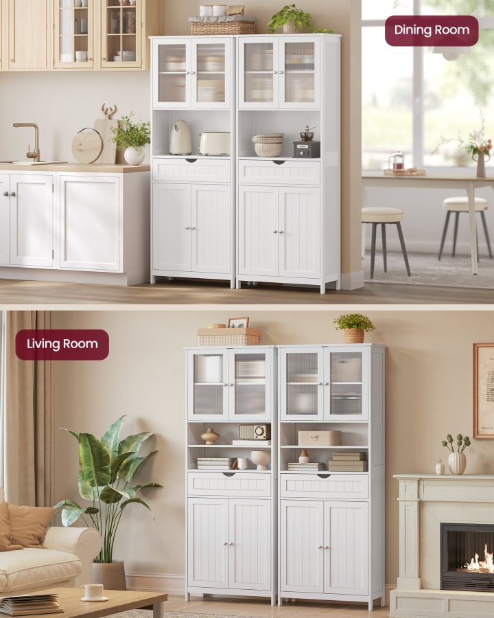 VASAGLE Opbevaringsskab, Fritst�ende badev�relsesopbevaringsm�bel med justerbare hylder, skuffe, �bne rum, til badev�relse, stue, k�kken, Cloud White UBBC768W01