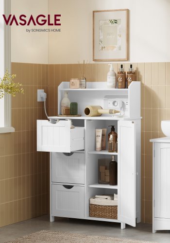 VASAGLE BBC775W03 badev�relsesskab, m. 1 l�ge, 3 hylder, 3 skuffer, str�mskinne - hvid MDF