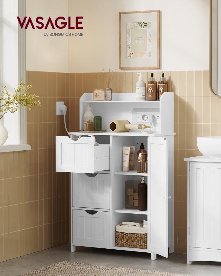VASAGLE Badev�relsesskab St�ende med D�r Str�mskinne Skuffer Skab til Toiletpapir Toiletskab Justerbare Hylder 30 x 60 x 100 cm Cloud White BBC775W03