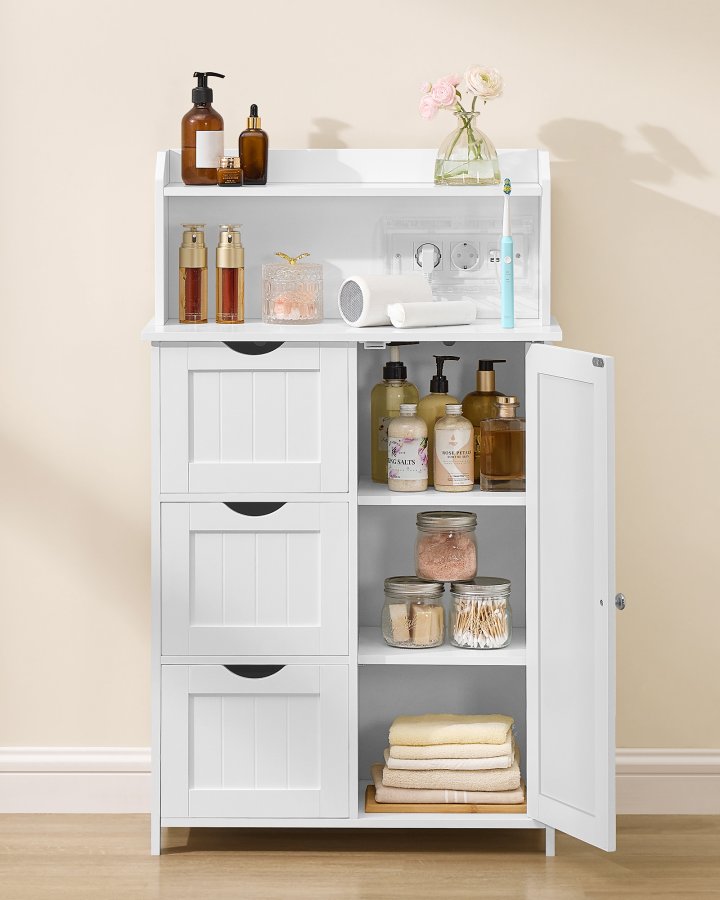 VASAGLE Badev�relsesskab St�ende med D�r Str�mskinne Skuffer Skab til Toiletpapir Toiletskab Justerbare Hylder 30 x 60 x 100 cm Cloud White BBC775W03