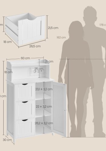 VASAGLE Badev�relsesskab St�ende med D�r Str�mskinne Skuffer Skab til Toiletpapir Toiletskab Justerbare Hylder 30 x 60 x 100 cm Cloud White BBC775W03