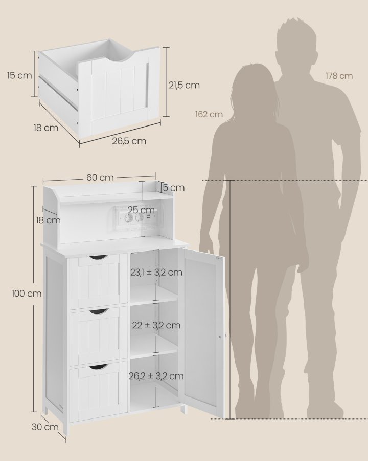 VASAGLE Badev�relsesskab St�ende med D�r Str�mskinne Skuffer Skab til Toiletpapir Toiletskab Justerbare Hylder 30 x 60 x 100 cm Cloud White BBC775W03