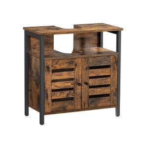 VASAGLE BBC901B01 badev�relsesunderskab til h�ndvask, m. 2 lamell�ger, 1 �bent rum, 1 hylde - rustik brun sp�nplade og sort st�l 