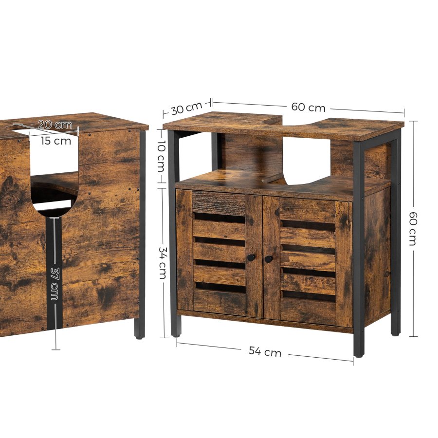 VASAGLE BBC901B01 badev�relsesunderskab til h�ndvask, m. 2 lamell�ger, 1 �bent rum, 1 hylde - rustik brun sp�nplade og sort st�l 
