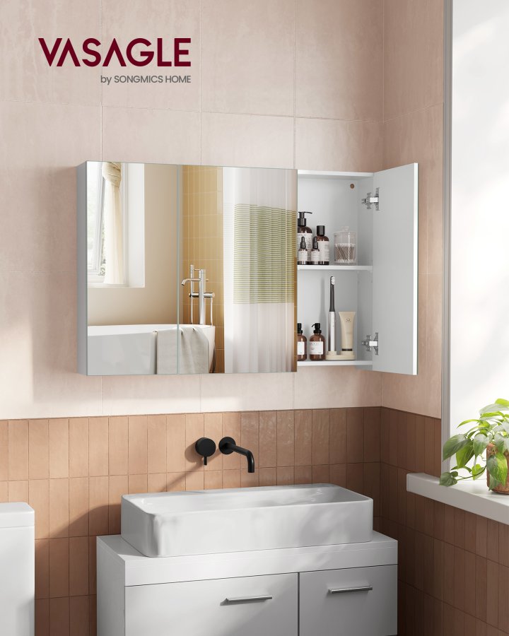VASAGLE Spejlskab Badev�relsesskab Opbevaringsskab med 3 d�re 15 x 90 x 60 cm med justerbare hylder Moderne Hvid BBK032W01