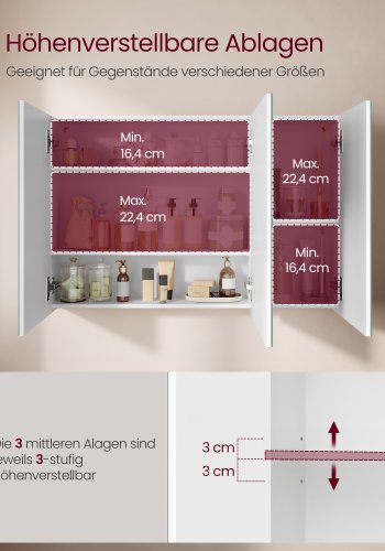 VASAGLE Spejlskab Badev�relsesskab Opbevaringsskab med 3 d�re 15 x 90 x 60 cm med justerbare hylder Moderne Hvid BBK032W01