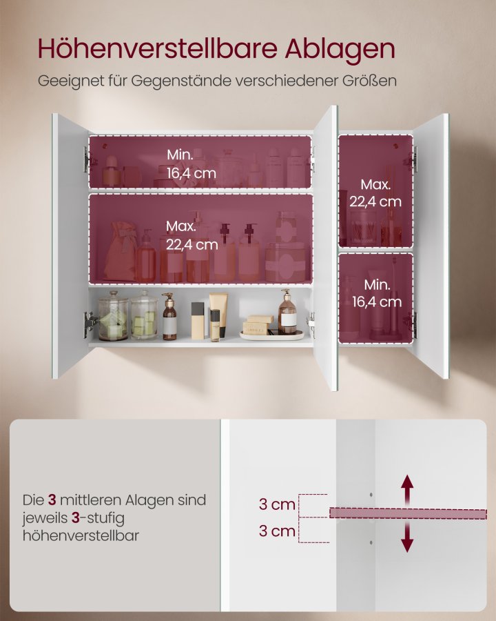 VASAGLE Spejlskab Badev�relsesskab Opbevaringsskab med 3 d�re 15 x 90 x 60 cm med justerbare hylder Moderne Hvid BBK032W01