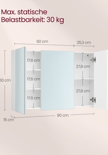 VASAGLE Spejlskab Badev�relsesskab Opbevaringsskab med 3 d�re 15 x 90 x 60 cm med justerbare hylder Moderne Hvid BBK032W01