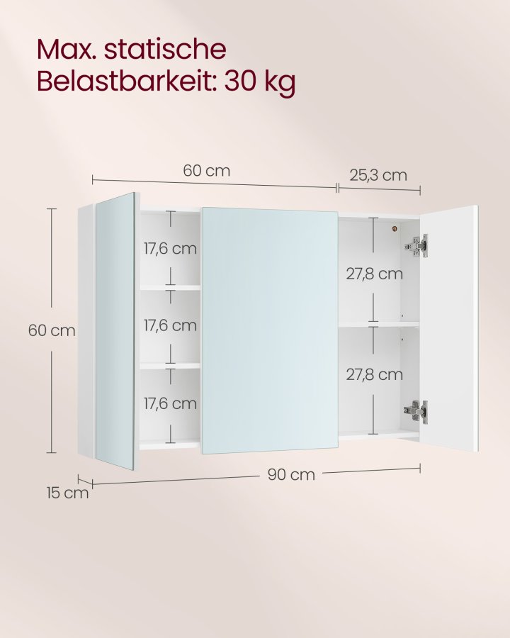 VASAGLE Spejlskab Badev�relsesskab Opbevaringsskab med 3 d�re 15 x 90 x 60 cm med justerbare hylder Moderne Hvid BBK032W01