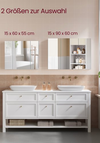 VASAGLE Spejlskab Badev�relsesskab Opbevaringsskab med 3 d�re 15 x 90 x 60 cm med justerbare hylder Moderne Hvid BBK032W01