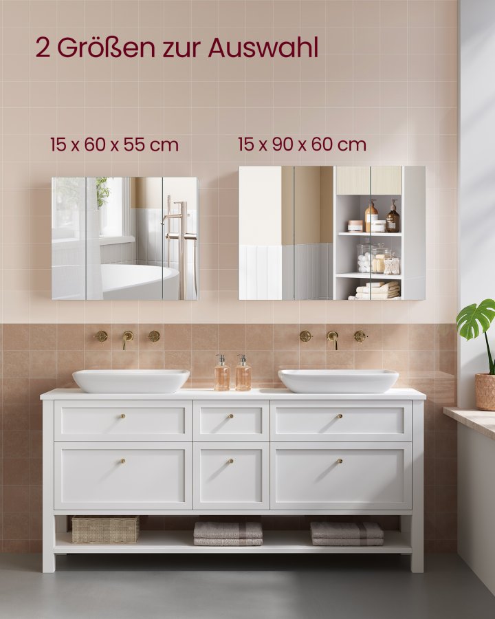 VASAGLE Spejlskab Badev�relsesskab Opbevaringsskab med 3 d�re 15 x 90 x 60 cm med justerbare hylder Moderne Hvid BBK032W01