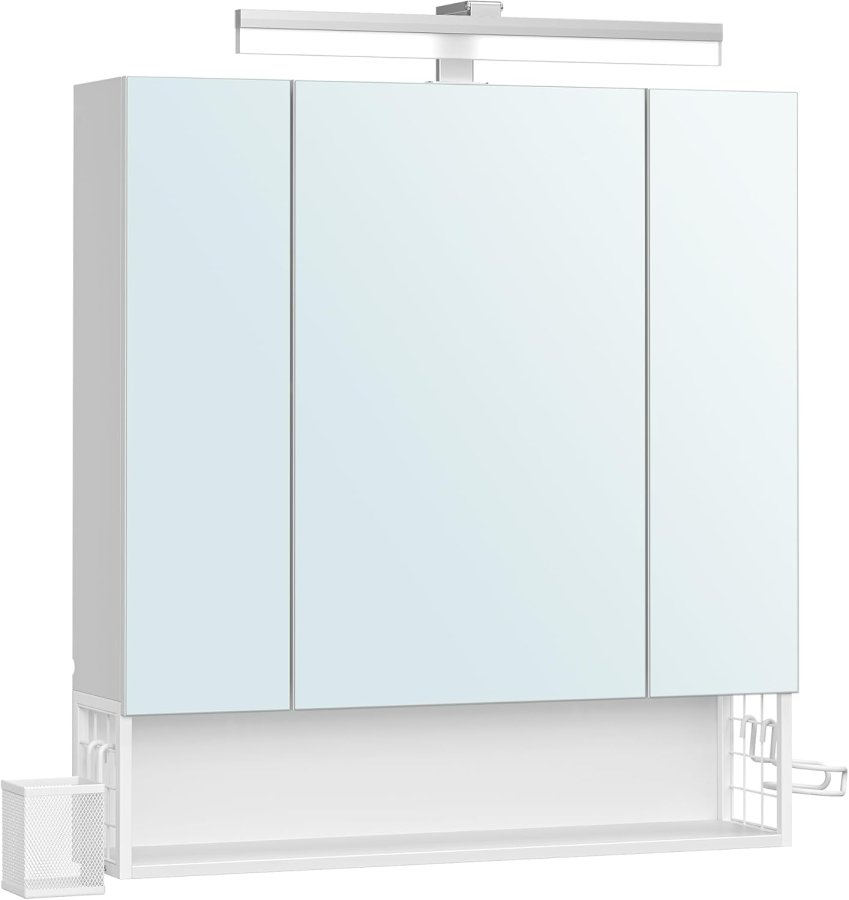 VASAGLE Badev�relsesskab med 3 d�re, spejlskab, v�gskab, stikkontakter, h�ngekurv, h�rt�rrerholder, masser af opbevaringsplads, til badev�relse, 16,5 x 70 x 75 cm, Cloudy White BBK126W01