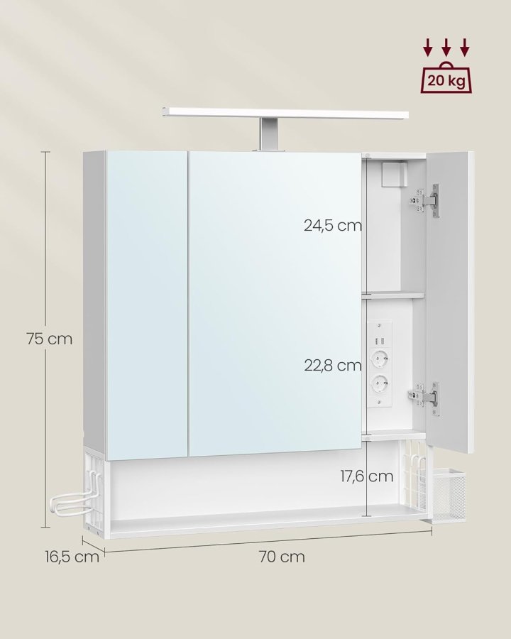 VASAGLE Badev�relsesskab med 3 d�re, spejlskab, v�gskab, stikkontakter, h�ngekurv, h�rt�rrerholder, masser af opbevaringsplads, til badev�relse, 16,5 x 70 x 75 cm, Cloudy White BBK126W01