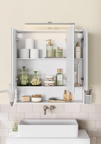 VASAGLE Badev�relsesskab med 3 d�re, spejlskab, v�gskab, stikkontakter, h�ngekurv, h�rt�rrerholder, masser af opbevaringsplads, til badev�relse, 16,5 x 70 x 75 cm, Cloudy White BBK126W01