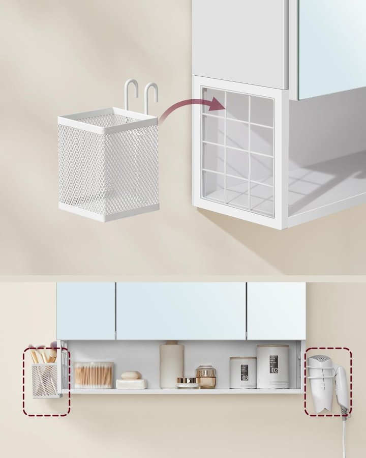 VASAGLE Badev�relsesskab med 3 d�re, spejlskab, v�gskab, stikkontakter, h�ngekurv, h�rt�rrerholder, masser af opbevaringsplads, til badev�relse, 16,5 x 70 x 75 cm, Cloudy White BBK126W01