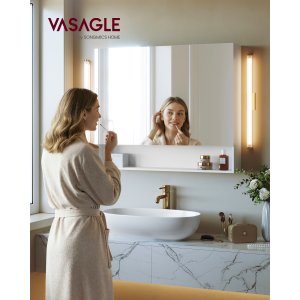VASAGLE KAILYN Kollektion - Medicinskabsspejl, Badev�relsesv�gspejlskab med opbevaring, �bent rum, Justerbare hylder, 15 x 89 x 74 cm, Cloud White BBK130W01