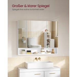 VASAGLE KAILYN Collection - Medicinsk�psspegel, Badrumsv�ggspegelsk�p med f�rvaring, �ppen yta, Justerbara hyllor, 15 x 89 x 74 cm, Cloud White BBK130W01
