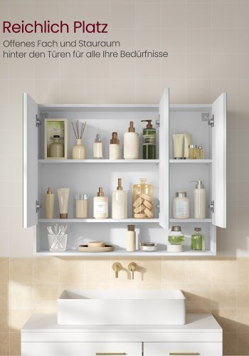 VASAGLE KAILYN Collection - Medicinsk�psspegel, Badrumsv�ggspegelsk�p med f�rvaring, �ppen yta, Justerbara hyllor, 15 x 89 x 74 cm, Cloud White BBK130W01