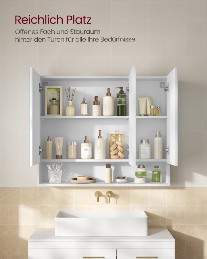 VASAGLE KAILYN Kollektion - Medicinskabsspejl, Badev�relsesv�gspejlskab med opbevaring, �bent rum, Justerbare hylder, 15 x 89 x 74 cm, Cloud White BBK130W01