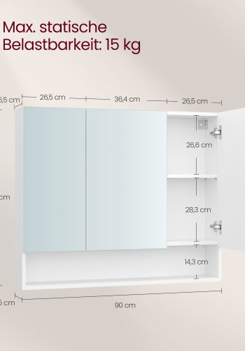 VASAGLE KAILYN Kollektion - Medicinskabsspejl, Badev�relsesv�gspejlskab med opbevaring, �bent rum, Justerbare hylder, 15 x 89 x 74 cm, Cloud White BBK130W01