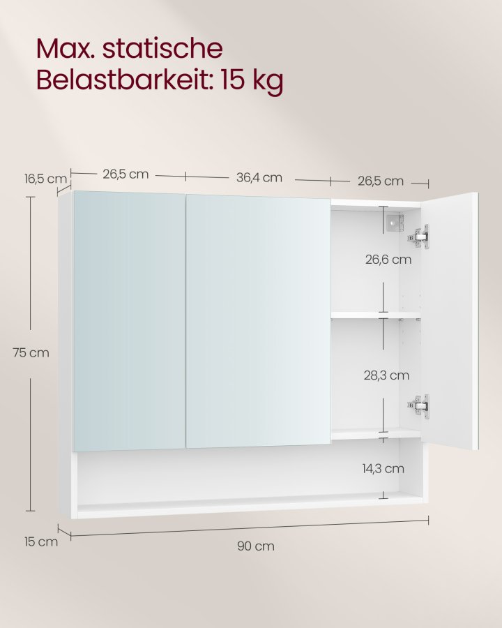 VASAGLE KAILYN Kollektion - Medicinskabsspejl, Badev�relsesv�gspejlskab med opbevaring, �bent rum, Justerbare hylder, 15 x 89 x 74 cm, Cloud White BBK130W01