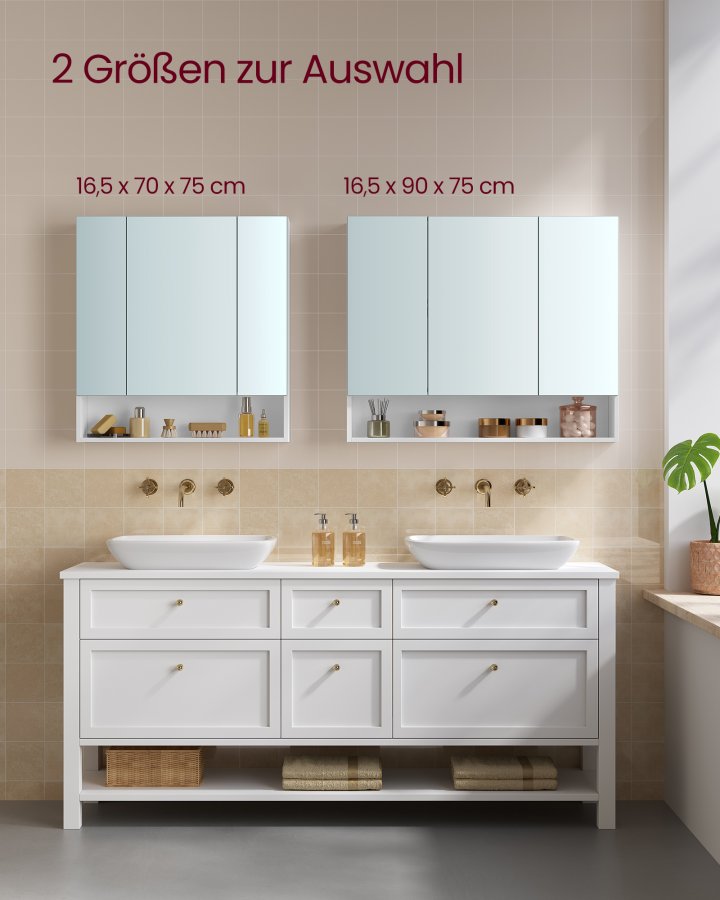 VASAGLE KAILYN Kollektion - Medicinskabsspejl, Badev�relsesv�gspejlskab med opbevaring, �bent rum, Justerbare hylder, 15 x 89 x 74 cm, Cloud White BBK130W01