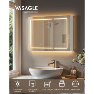 VASAGLE BBK134W01 Spejlskab til badev�relse med belysning, v�gskab, str�mskinne, afdugningsfunktion, 10x forst�rrelsesspejle, moderne, 16,5 x 80 x 60 cm, hvid