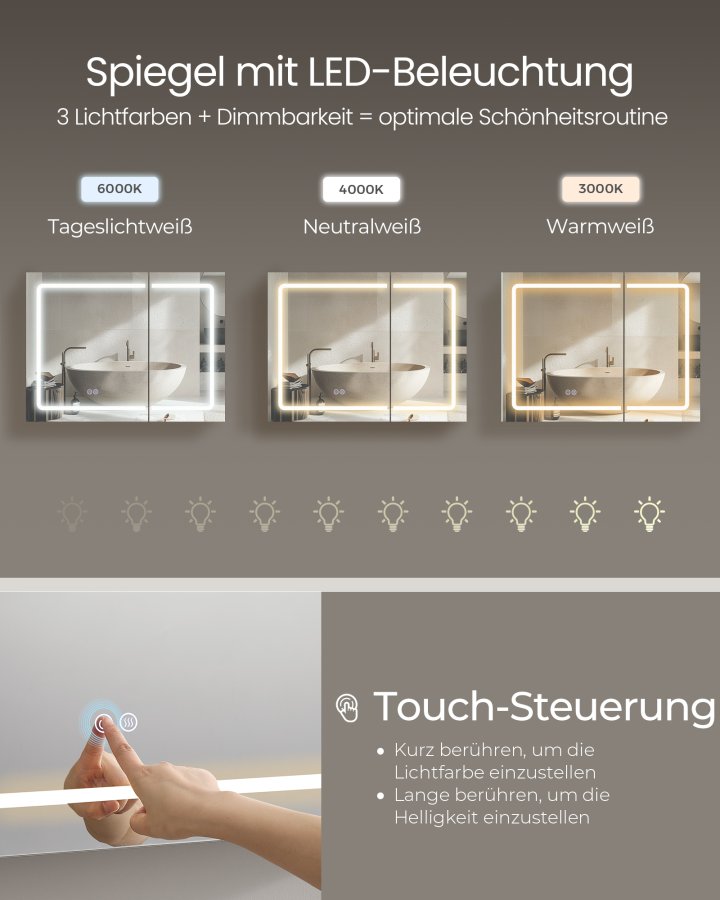 VASAGLE BBK134W01 Spejlskab til badev�relse med belysning, v�gskab, str�mskinne, afdugningsfunktion, 10x forst�rrelsesspejle, moderne, 16,5 x 80 x 60 cm, hvid