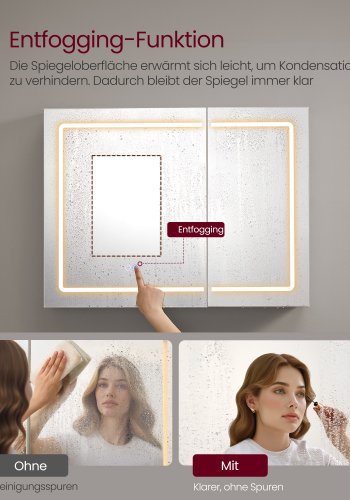 VASAGLE BBK134W01 Spejlskab til badev�relse med belysning, v�gskab, str�mskinne, afdugningsfunktion, 10x forst�rrelsesspejle, moderne, 16,5 x 80 x 60 cm, hvid