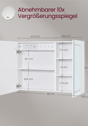 VASAGLE BBK134W01 Spejlskab til badev�relse med belysning, v�gskab, str�mskinne, afdugningsfunktion, 10x forst�rrelsesspejle, moderne, 16,5 x 80 x 60 cm, hvid
