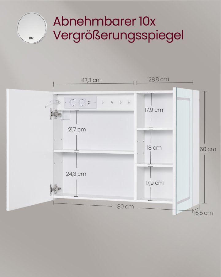VASAGLE BBK134W01 Spejlskab til badev�relse med belysning, v�gskab, str�mskinne, afdugningsfunktion, 10x forst�rrelsesspejle, moderne, 16,5 x 80 x 60 cm, hvid