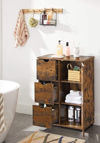 VASAGLE baderomsskap, m. 1 dr, 2 hyller, 3 skuffer - rustikk brun sponplate