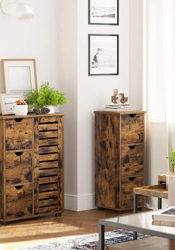 VASAGLE baderomsskap, m. 1 dr, 2 hyller, 3 skuffer - rustikk brun sponplate