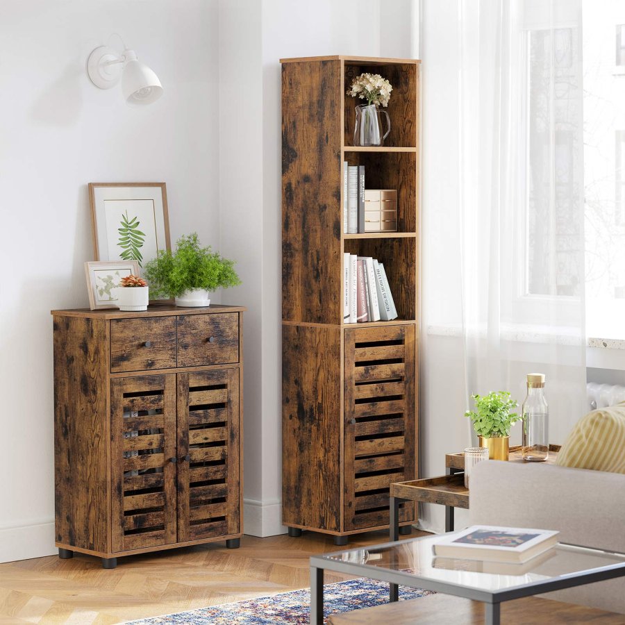 VASAGLE Badev�relsesskab, H�jt Badev�relsesskab, med 3 �bne rum, 2 justerbare hylder bagd�r, til Badev�relse, Stue, Entr&eacute;, K�kken, Stue, Rustik Brun BBK160X01