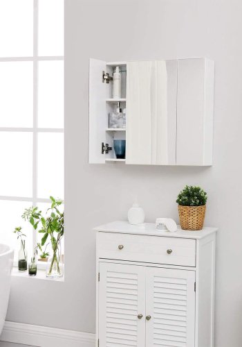 VASAGLE Badev�relsesskab med spejl, opbevaringsskab med 3 d�re, 60 x 15 x 55 cm, med justerbar hylde, moderne, hvid BBK22WT