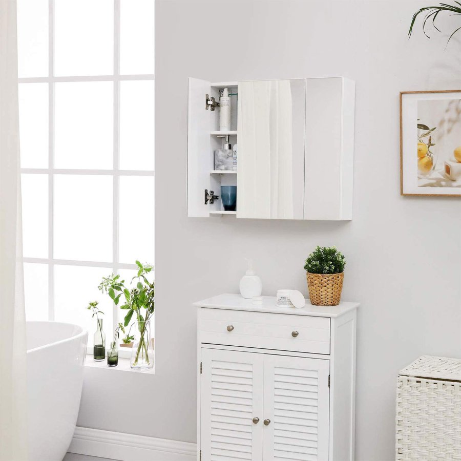 VASAGLE Badev�relsesskab med spejl, opbevaringsskab med 3 d�re, 60 x 15 x 55 cm, med justerbar hylde, moderne, hvid BBK22WT