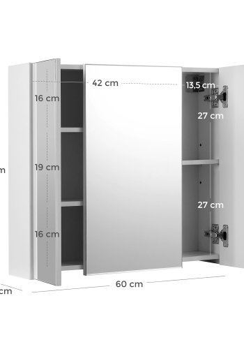 VASAGLE BBK22WT badev�relsesskab, m. spejl, 3 l�ger, 1 hylde - spejlglas og hvid sp�nplade