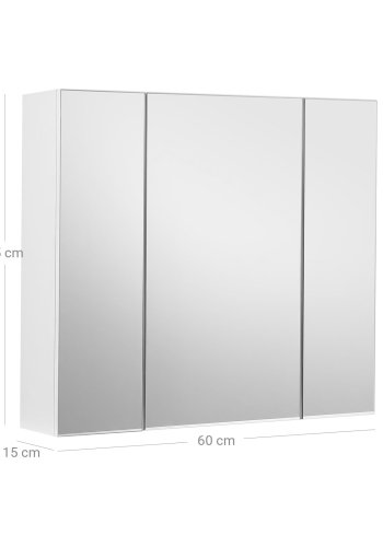 VASAGLE Badev�relsesskab med spejl, opbevaringsskab med 3 d�re, 60 x 15 x 55 cm, med justerbar hylde, moderne, hvid BBK22WT