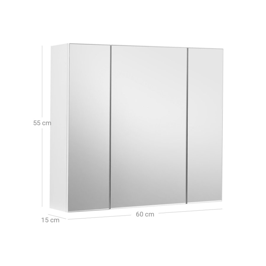 VASAGLE Badev�relsesskab med spejl, opbevaringsskab med 3 d�re, 60 x 15 x 55 cm, med justerbar hylde, moderne, hvid BBK22WT