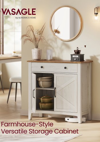 VASAGLE Sk�nk, F�rvaringssk�p med l�da, K�kssk�p med d�rrar och h�jdjusterbart hyllplan, Lantlig stil, F�r vardagsrum, matsal, Rustik vit och honungsbrun BBK341W01